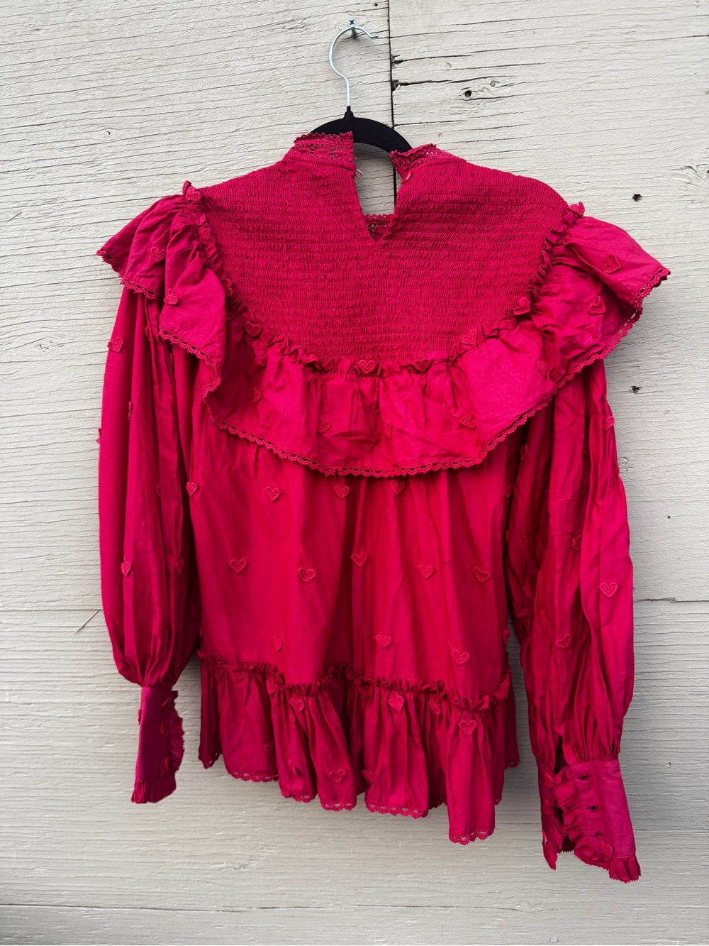 Farm Rio Red Smocked Ruffled 3D Heart Blouse - Picture 4 of 10